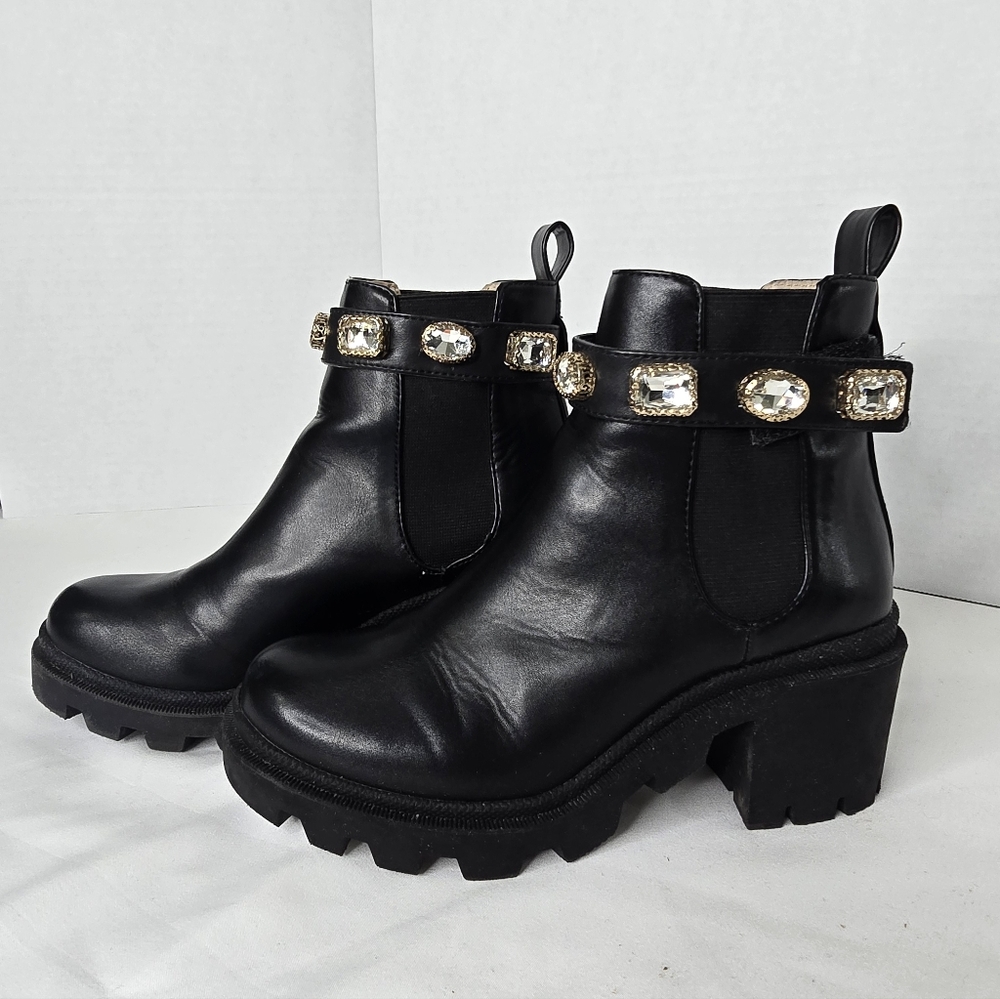Steve Madden Black Ankle Chunky  Boots with Crystal Embellishments Y2k Grunge